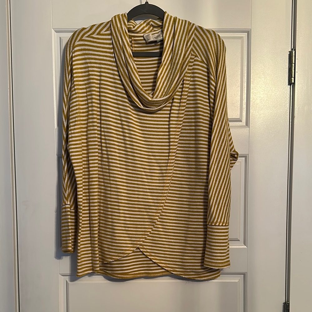 Anthropologie Yellow and White Striped Cowl Neck Sweater
